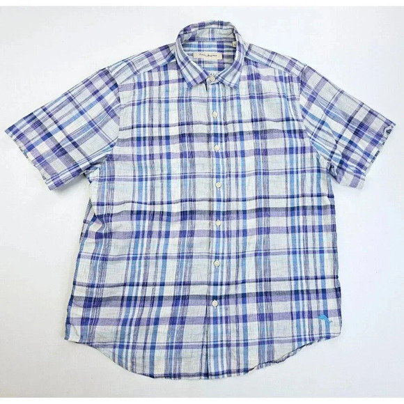 Tommy Bahama Size Large Mens Lightweight White Lilac Blue Check Enbroidered Logo - Picture 1 of 11